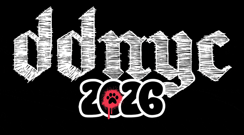 The DDNYC 2026 graffiti wordmark — "ddnyc" in white blackletter above "2026" in bubble letters, with a red spray-painted paw print.
