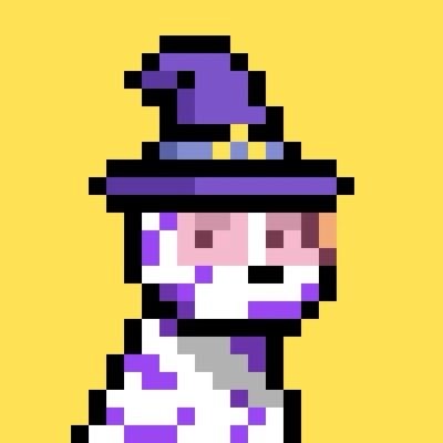Leah's Doginal Dog — a white and purple pixel-art dog in a purple wizard hat on a yellow background.