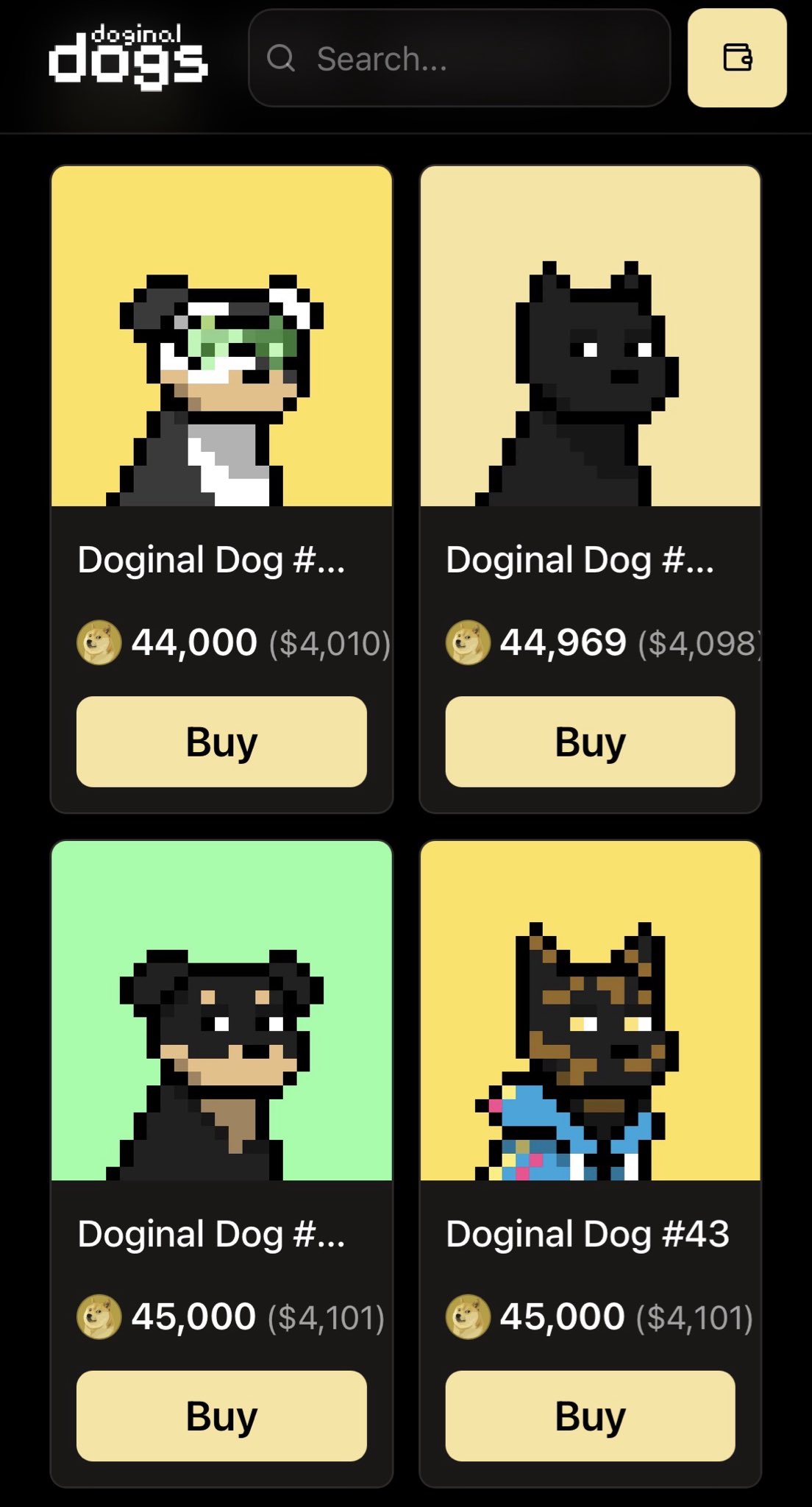 Screenshot of the Doginal Dogs marketplace: the four cheapest dogs listed at 44,000 DOGE ($4,010), 44,969 DOGE ($4,098) and two at 45,000 DOGE ($4,101), each with a Buy button.